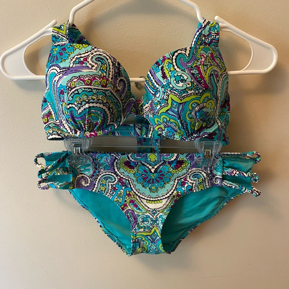 Aerie teal paisley bikini bottoms size medium top size 34C